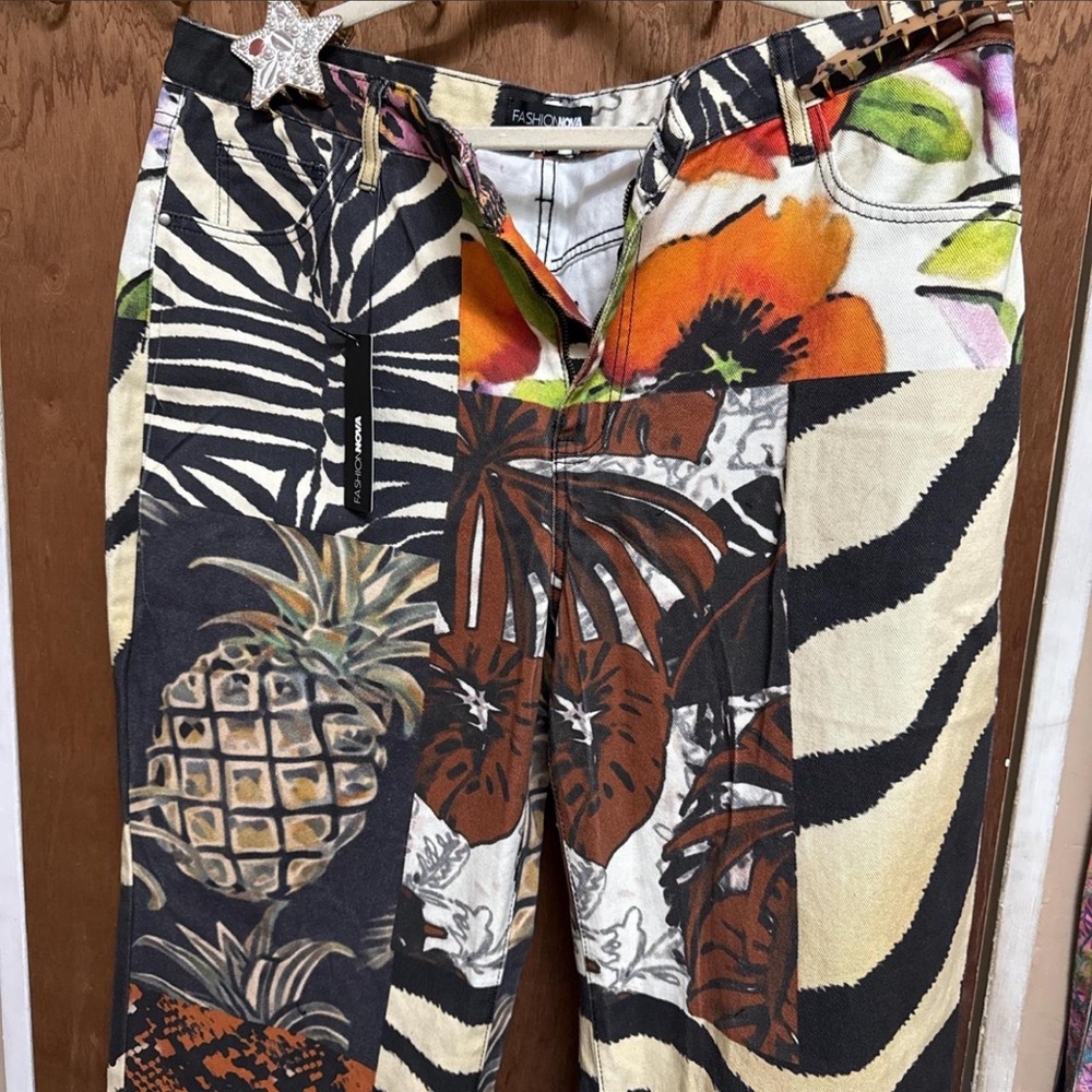 Eclectic Patchwork Printed Jeans with Pineapple &… - image 1